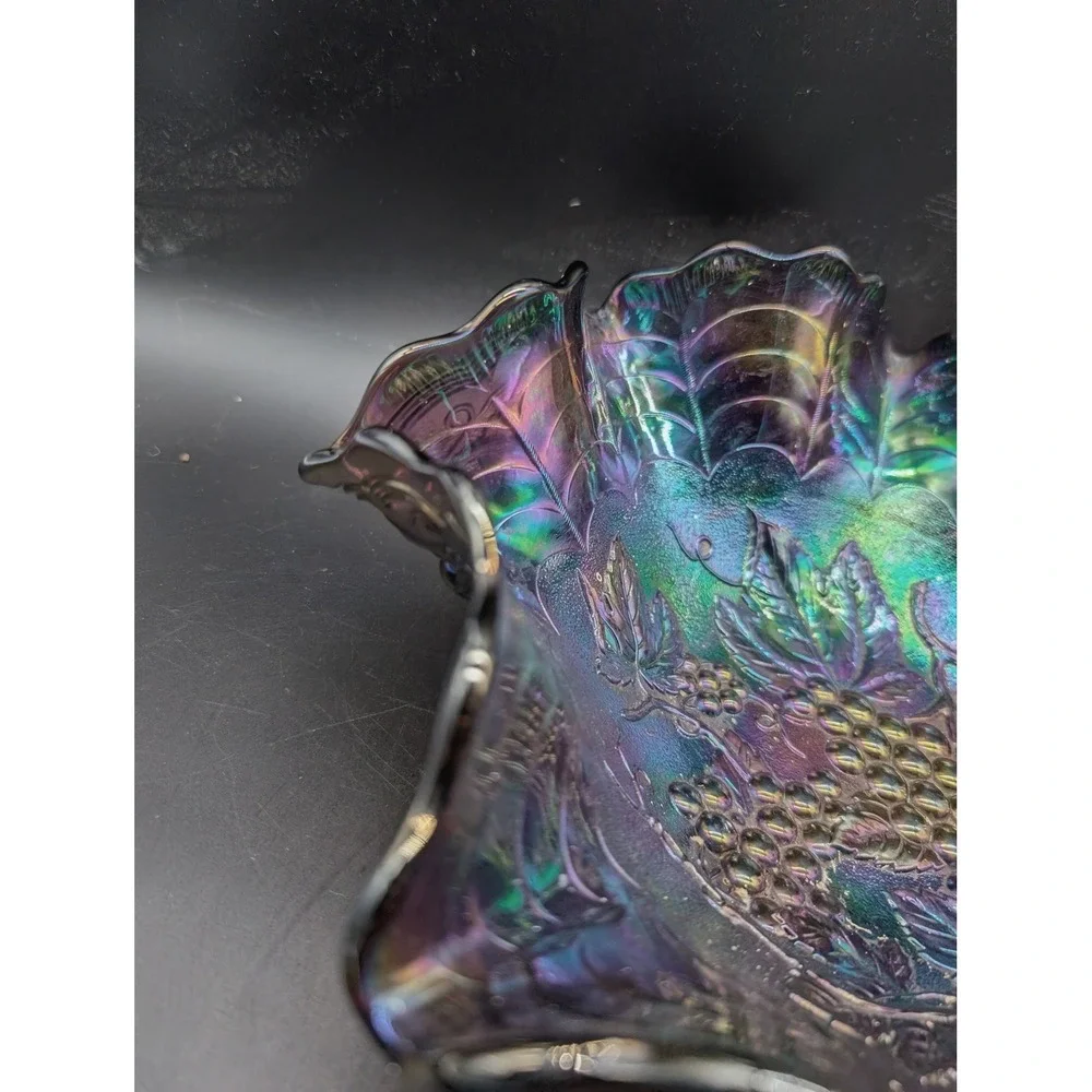 Imperial Amethyst Carnival Glass Grape and Cable Ruffled Bowl Iridescent Purple